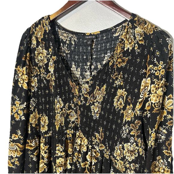 Torrid Smocked Bodice Dress Womens 1X Gauze MIDI Boho Peasant Drapey Flowy Indie - Picture 2 of 8